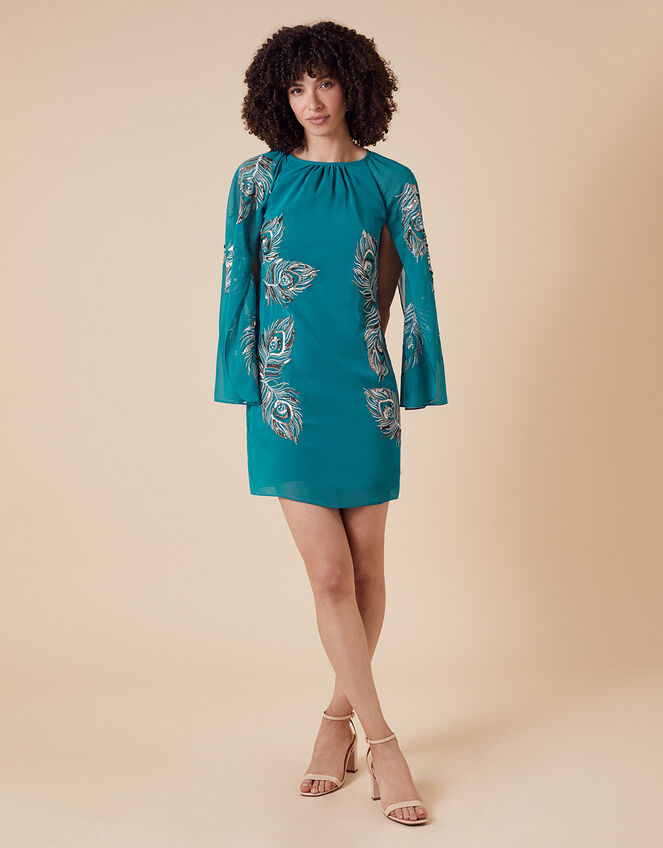 Cara Peacock Embroidered Cape Dress, Teal (TEAL), large