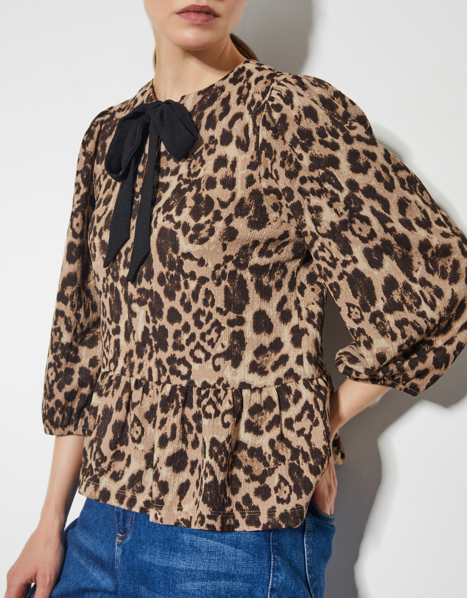 Archie Leopard Print Peplum Top Brown