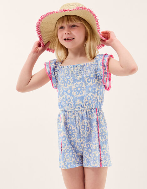 Batik Print Ruffle Playsuit , Blue (NAVY), large