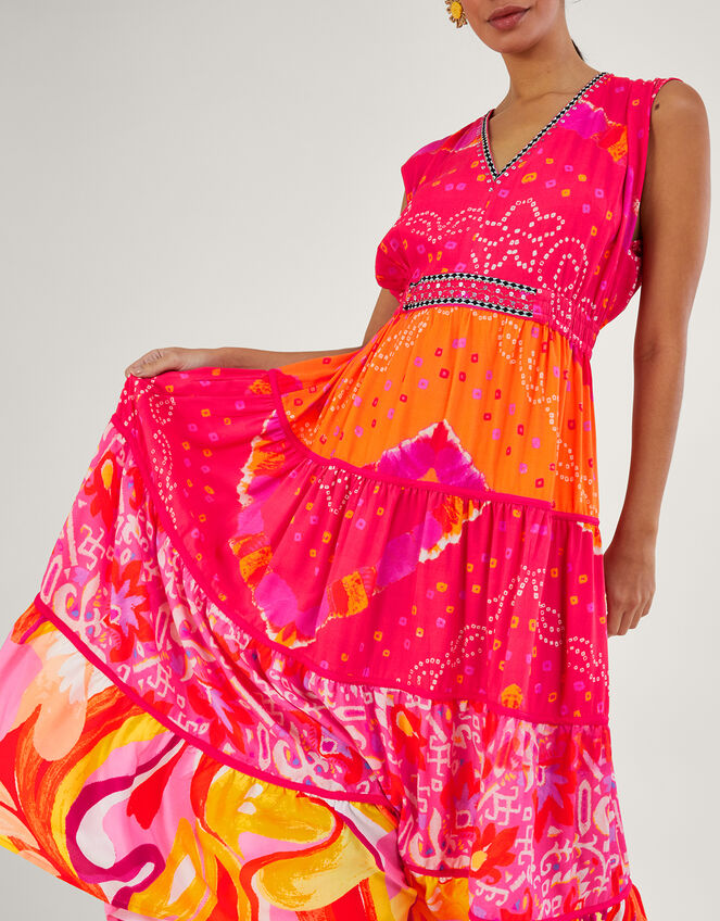 Bandhani Contrast Print Midi Dress, Red (RED), large