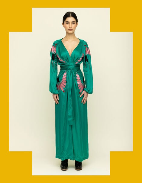 Tallulah & Hope Aziza Regular Embroidered Wrap Dress, Green (GREEN), large