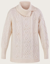 Cable Split Neck Bobble Jumper with Recycled Polyester, Ivory (IVORY), large