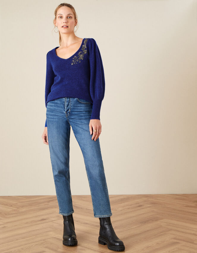 Embellished Blouson Sleeve Jumper, Blue (COBALT), large