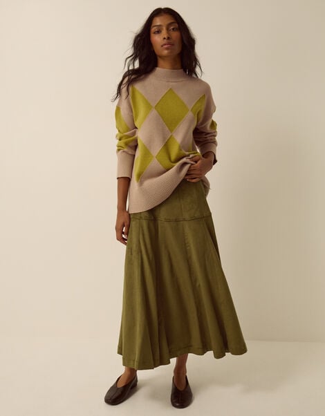 Macy Tie Side Faux Suede Midi Skirt, Green (KHAKI), large