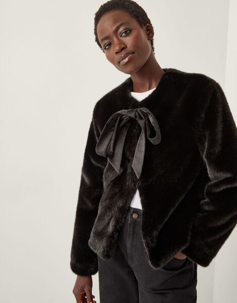 Farah Bow Faux Fur Jacket, Black (BLACK), large