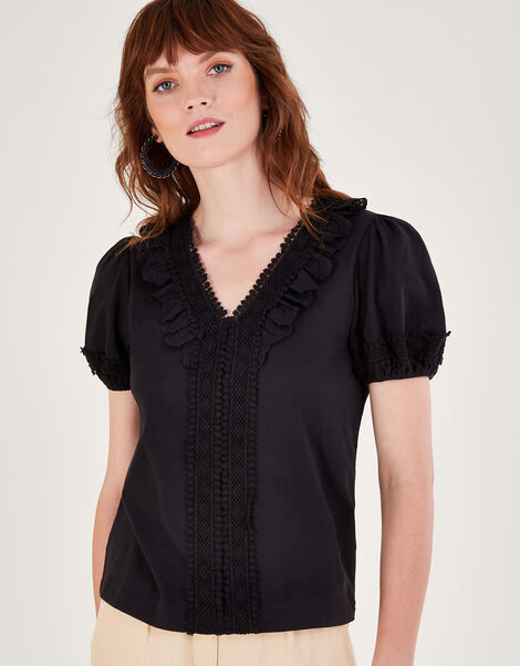 Crochet Lace Jersey Top, Black (BLACK), large