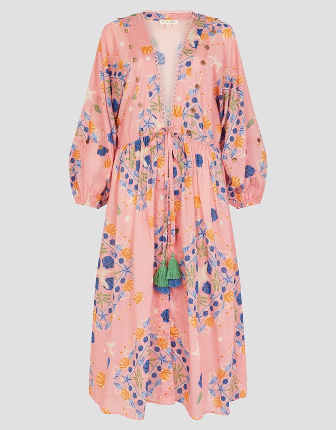 Mabel Shell Print Cotton Kaftan Dress, Orange (PEACH), large