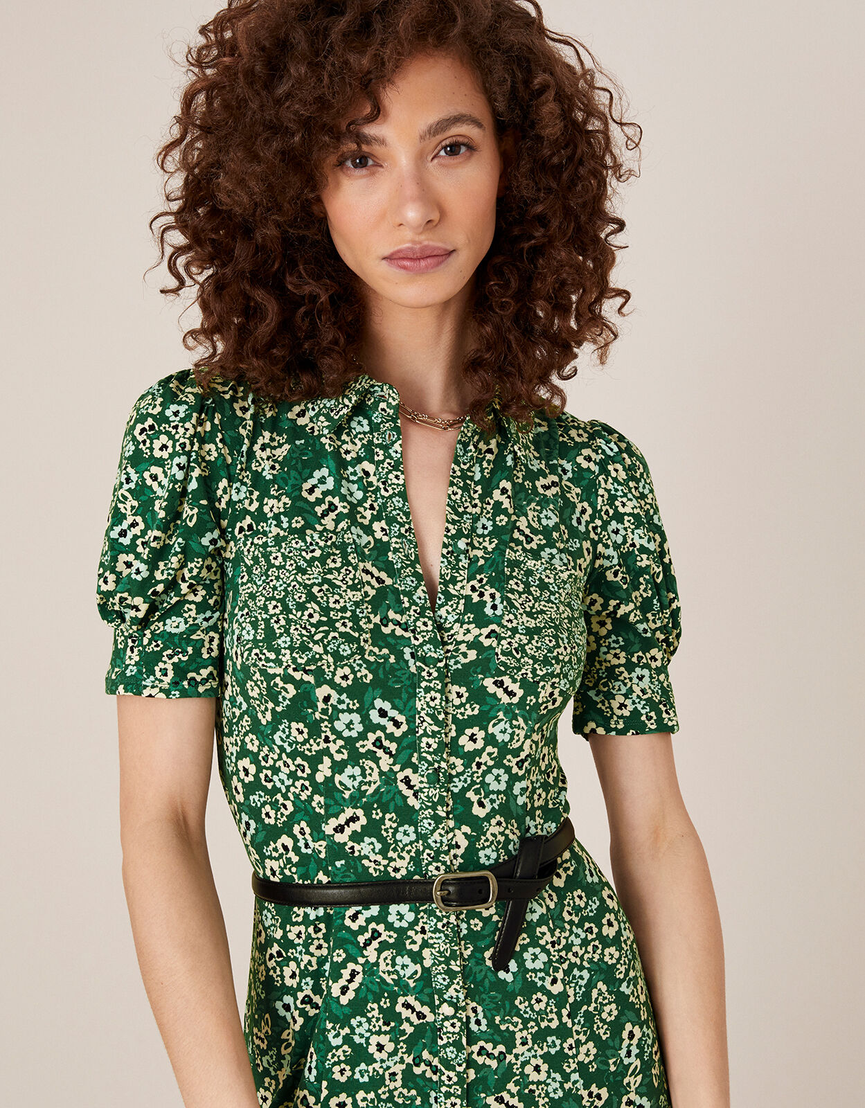 Darella Ditsy Print Jersey Shirt Dress Green Day Dresses