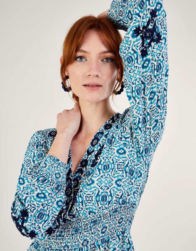Faye Geometric Print Embroidered Dress in LENZING™ ECOVERO™, Blue (BLUE), large