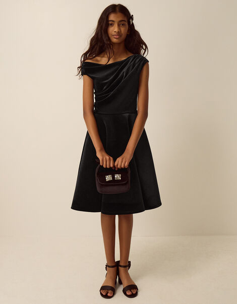One-Shoulder Velvet Skater Dress, Black (BLACK), large
