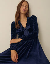 Britney V-Neck Bow Velvet Midi Dress, Blue (MIDNIGHT), large