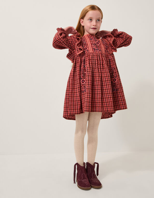 Floral Embroidered Check Dress, Brown (BROWN), large