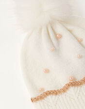 Rosie Pearly Pom-Pom Beanie, Ivory (IVORY), large