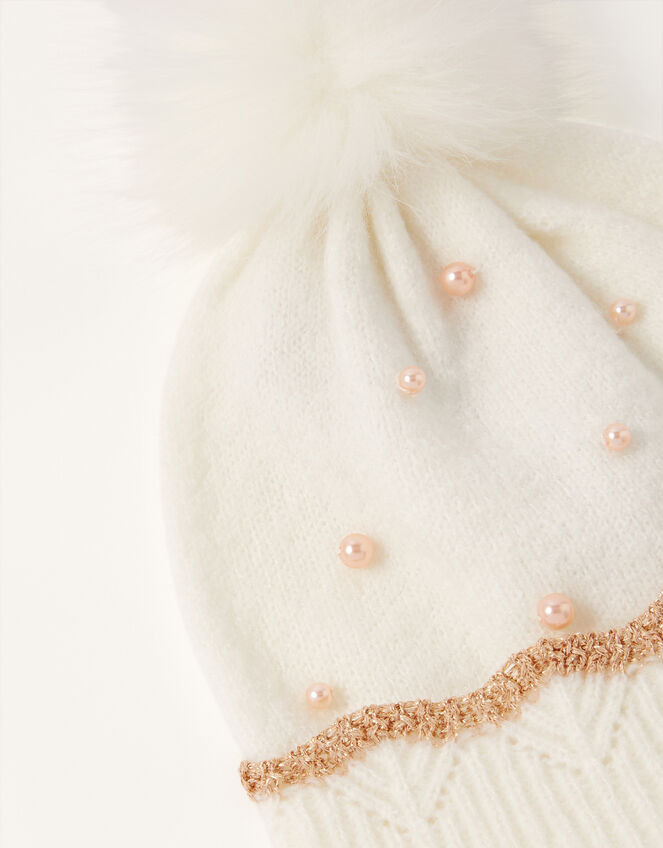 Rosie Pearly Pom-Pom Beanie, Ivory (IVORY), large