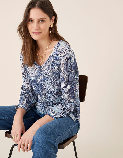 Paisley Print Jumper in Linen Blend Blue, Blue (NAVY), large