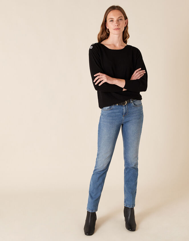 Button Shoulder Knit Jumper with Recycled Nylon, Black (BLACK), large