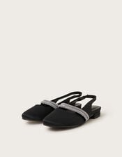 Diamante Strap Satin Slingback Flats, Black (BLACK), large