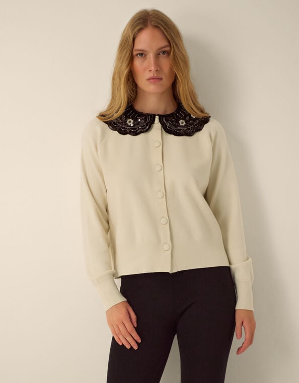 Monsoon x Queens of Archive Coco Sequin Collar Cardigan​, Ivory (IVORY), large