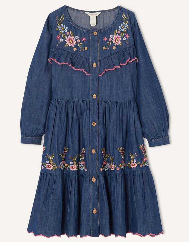 Embroidered Chambray Dress, Blue (BLUE), large