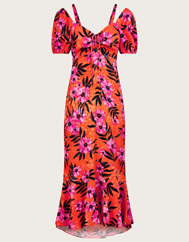 Kerry Satin Jacquard Floral Print Dress, Orange (ORANGE), large