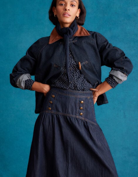 Ivy Embroidered Collar Polka Dot Blouse, Blue (NAVY), large