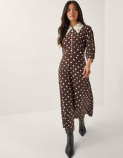 Paris Polka Dot Jersey Midi Dress, Brown (CHOCOLATE), large