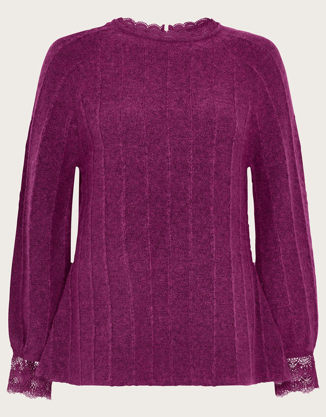 Lace Trim Jumper with Recycled Polyester, Pink (MAGENTA), large