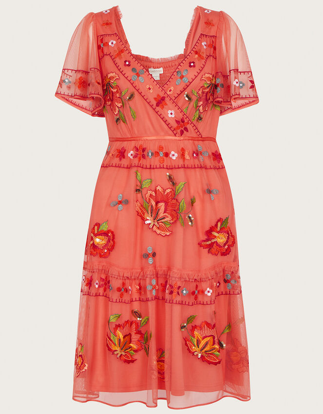 Ana Embroidered Tiered Dress in Recycled Polyester, Orange (ORANGE), large