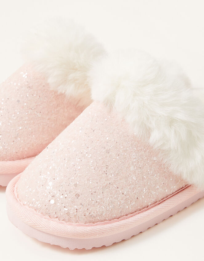 Glitter Faux Fur Slippers, Pink (PALE PINK), large