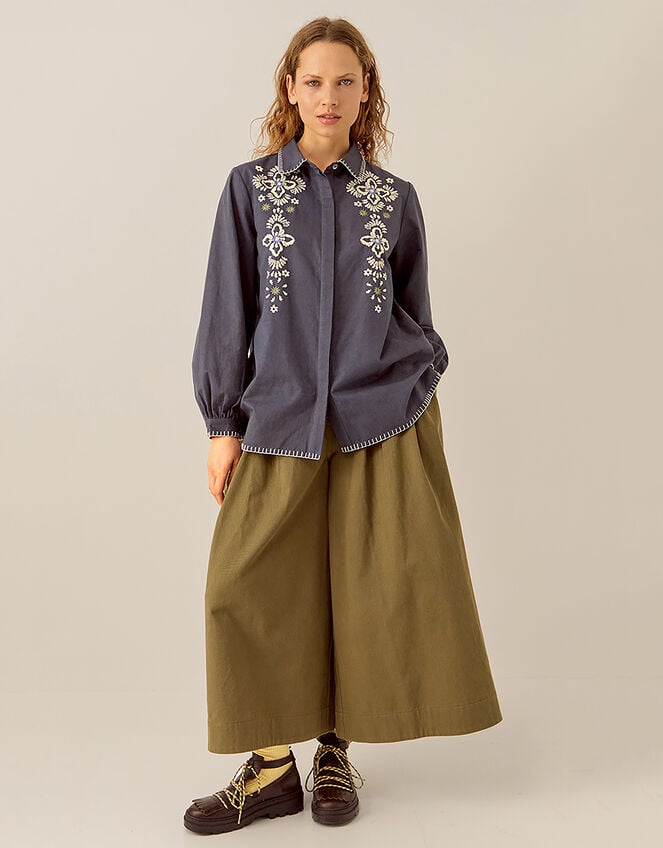 East Cora Floral Embroidered Cotton Shirt, Blue (BLUE), large