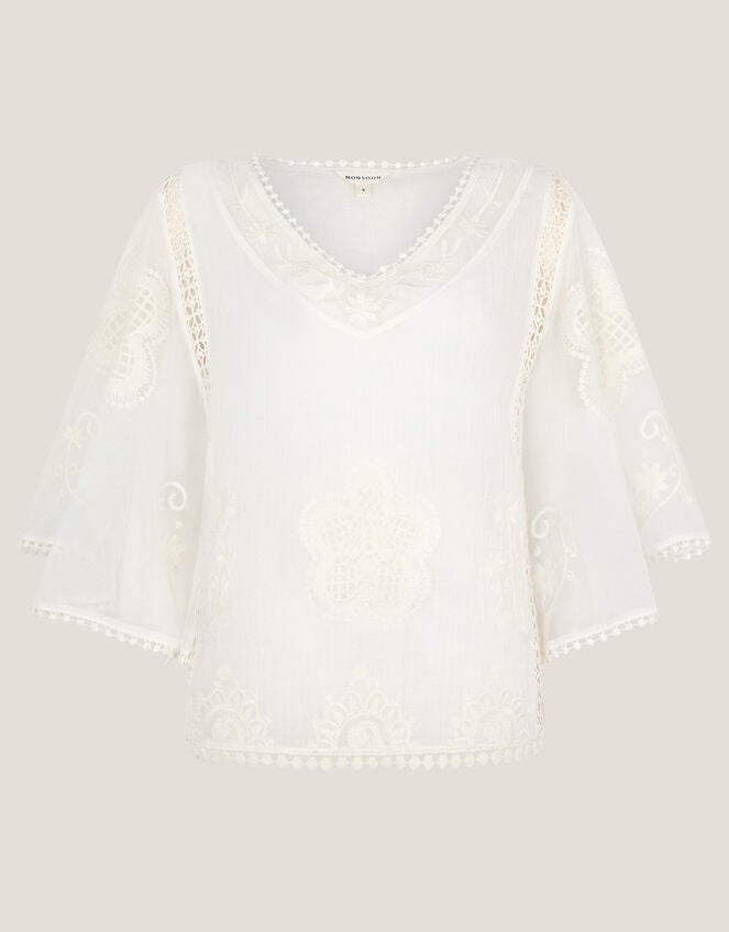 Lena Sheer Embroidered Angel Sleeve Top, White (WHITE), large