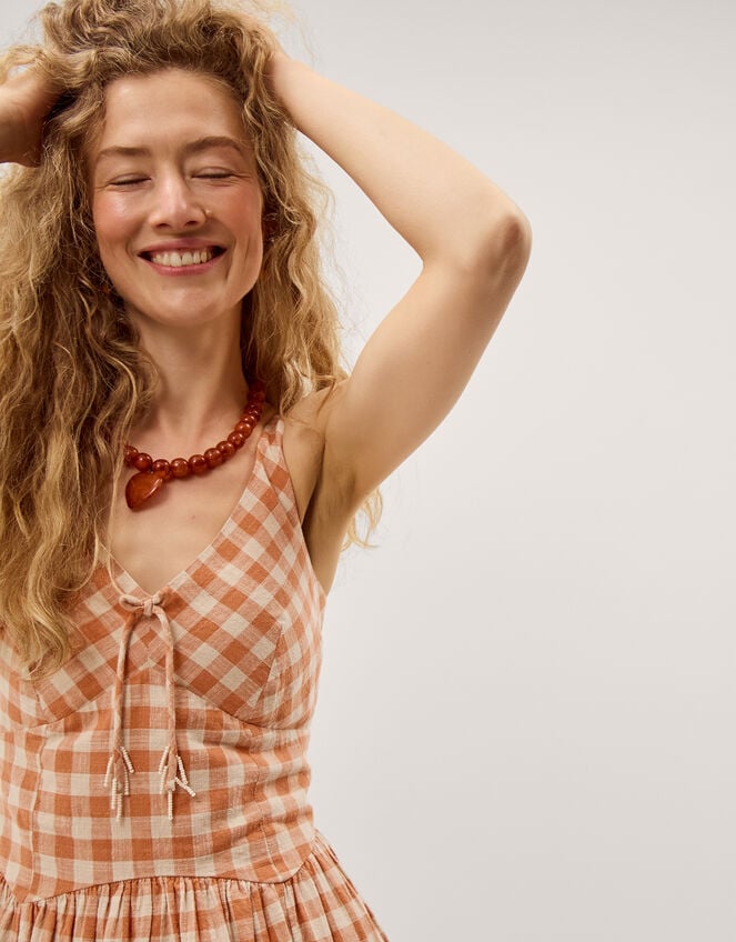 Hattie Sleeveless Gingham Midi Dress, Orange (CORAL), large