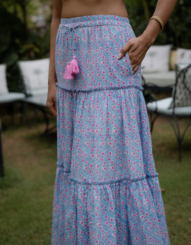 Dilli Grey Maya Floral Tiered Maxi Skirt, Blue (BLUE), large