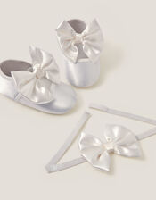 Baby Satin Bow Headband & Booties Set, Ivory (IVORY), large