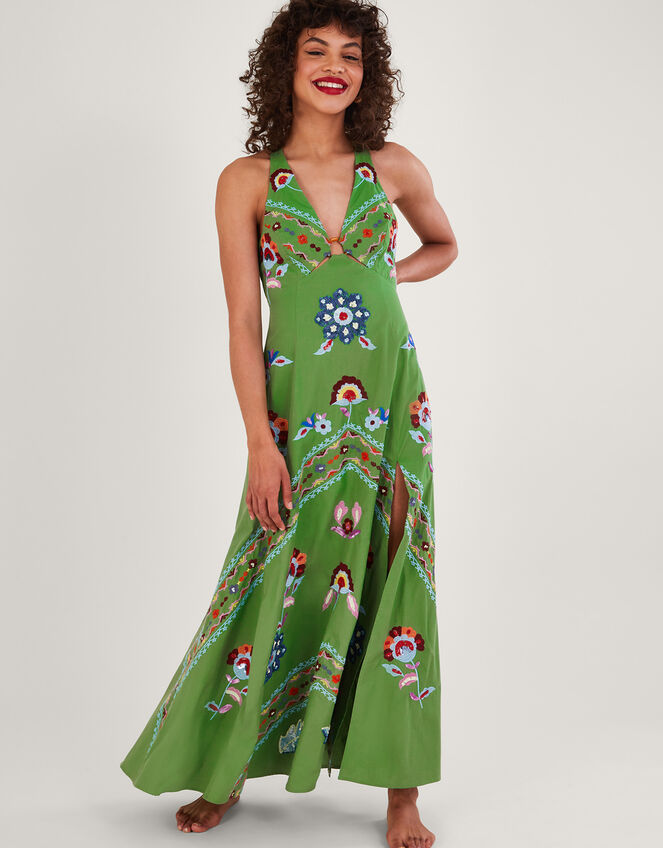 Shirley Ring Detail Embellished Maxi Dress, Green (GREEN), large