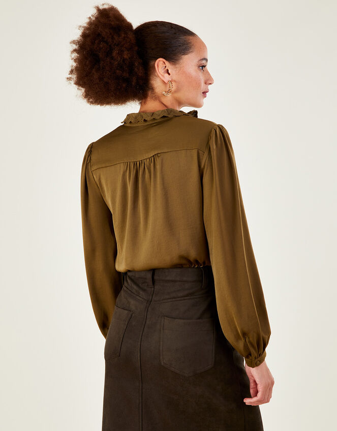 Satin Scallop Trim Blouse with Recycled Polyester, Green (OLIVE), large