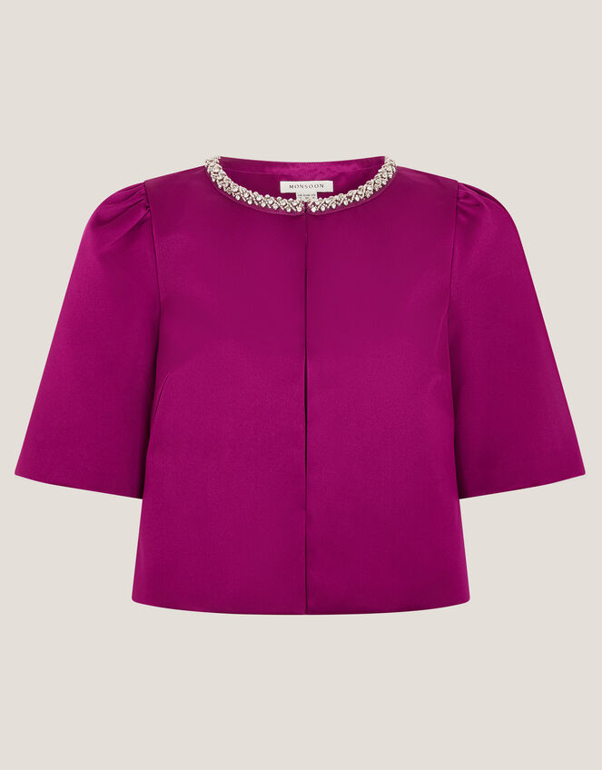 Saira Embellished Short Sleeve Satin Jacket, Pink (MAGENTA), large