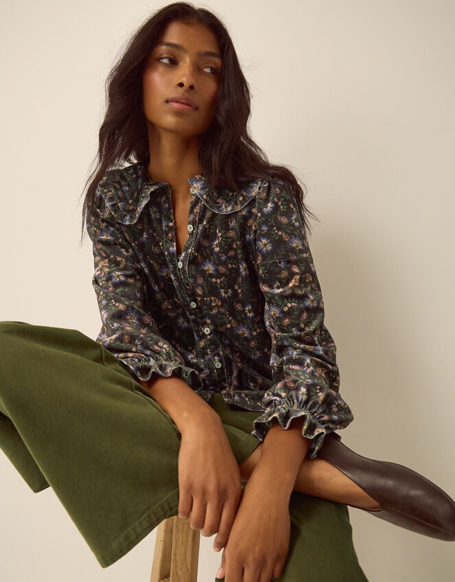 Carly Floral Velvet Shirt, Brown (BROWN), large