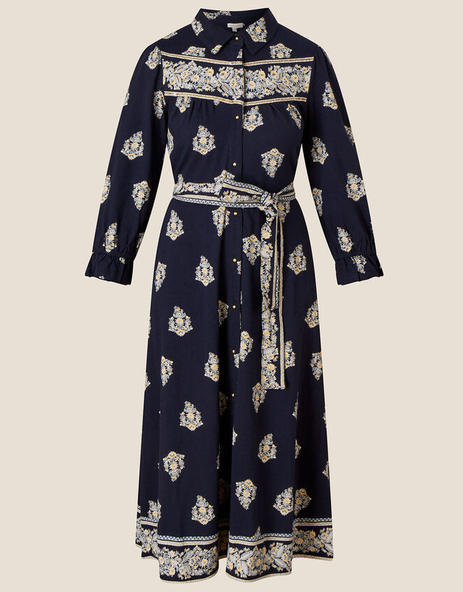 Border Print Shirt Dress , Blue (NAVY), large
