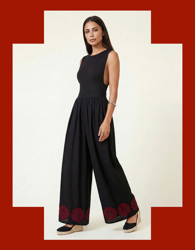 Raffya Vanessa Embroidered Wide Leg Jumpsuit, Black (BLACK), large