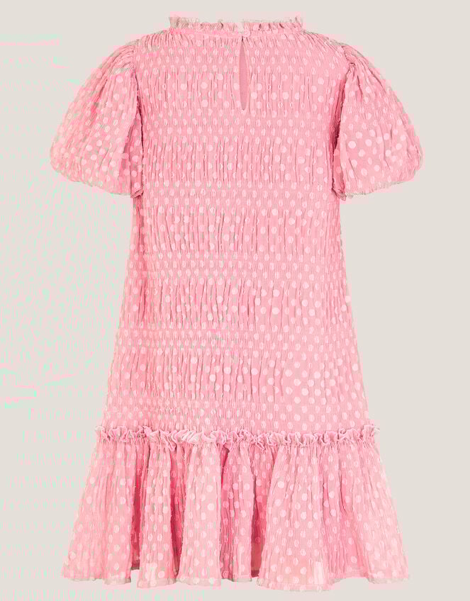 Polka Dot Textured Puff Sleeve Dress, Pink (PINK), large