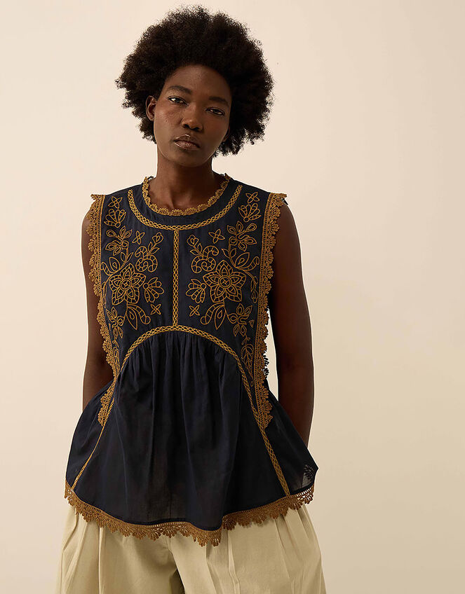 East Winnie Broderie Cotton Top, Blue (NAVY), large