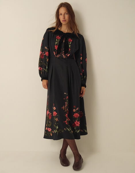Camille Velvet Bow Floral Print Midi Dress, Black (BLACK), large