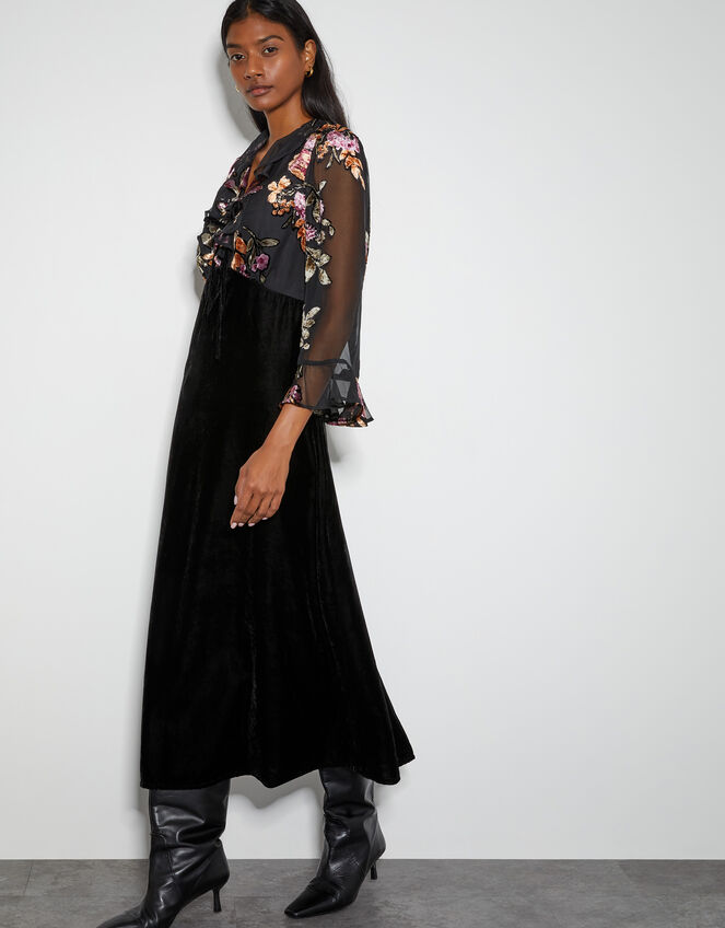 Ariella Floral Devore Velvet Midi Dress, Black (BLACK), large