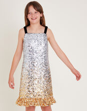 Savannah Sequin Ruffle Dress, Silver (SILVER), large