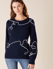 Abstract Wave Cornelli Knit Jumper, Blue (NAVY), large
