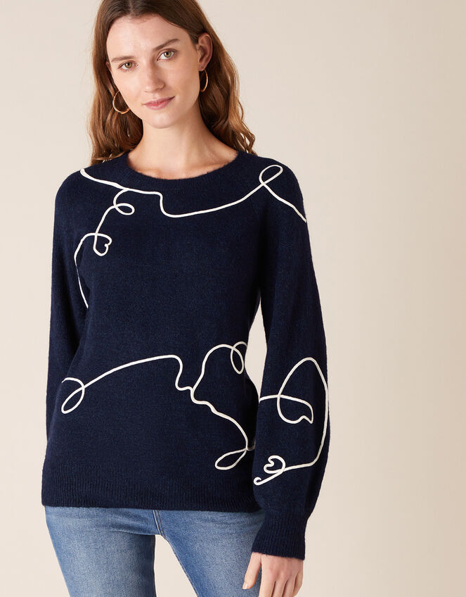 Abstract Wave Cornelli Knit Jumper, Blue (NAVY), large