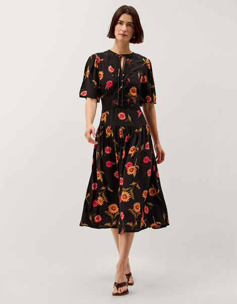 Fallon Floral Print Lace Midi Dress, Black (BLACK), large
