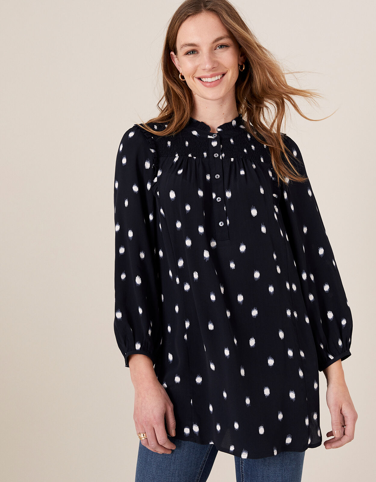 Navy and white spotted tops discount