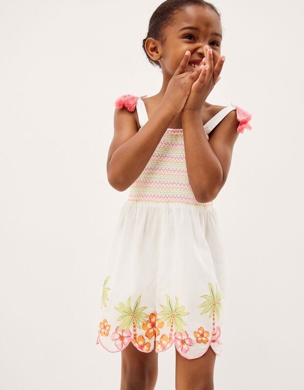 Palm Print Smocked Romper, Ivory (IVORY), large